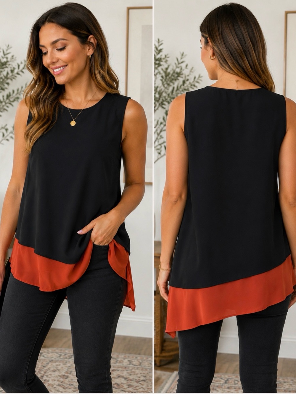 DKNY Layered Asymmetrical Sleeveless Tunic Top Black Rust Small NWT